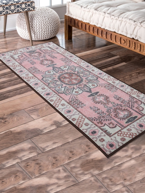 RUGSMITH Pink & Grey Printed Anti-Skid Floor Runner