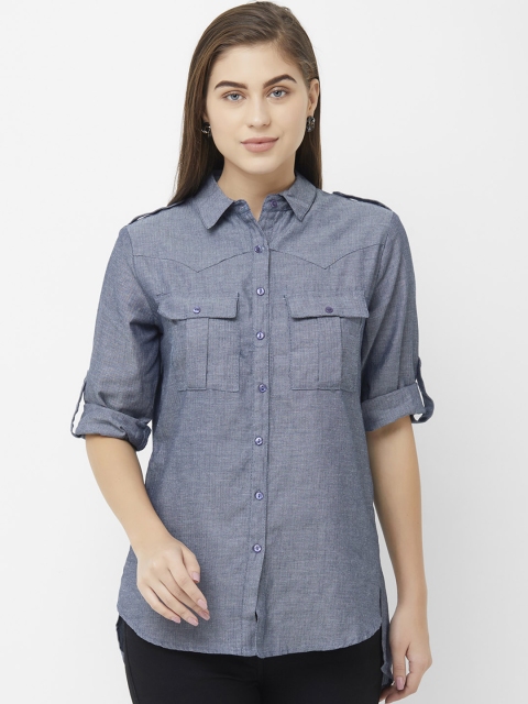 109F Women Grey & Blue Self Design Regular Fit Casual Shirt