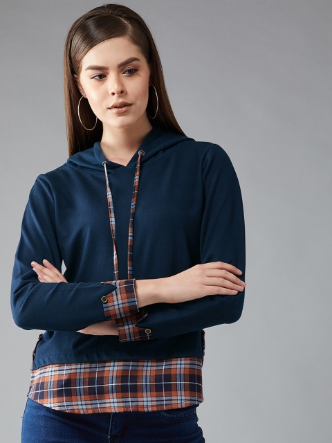 DOLCE CRUDO Women Blue Checked Hooded Sweatshirt