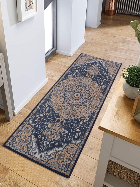 RUGSMITH Blue & Brown Printed Anti-Skid Floor Runner