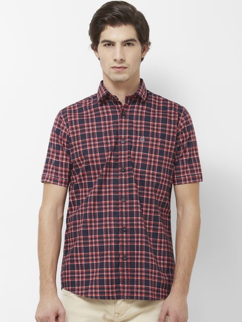 Integriti Men Navy Blue & Coral Red Slim Fit Checked Casual Shirt