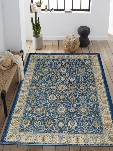 Saral Home Blue & Beige Floral Microfibre Polyester Digital Printed Anti-Skid Carpet