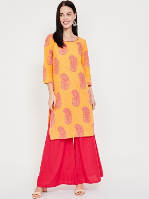 Melange by Lifestyle Women Mustard Yellow & Pink Printed Straight Kurta