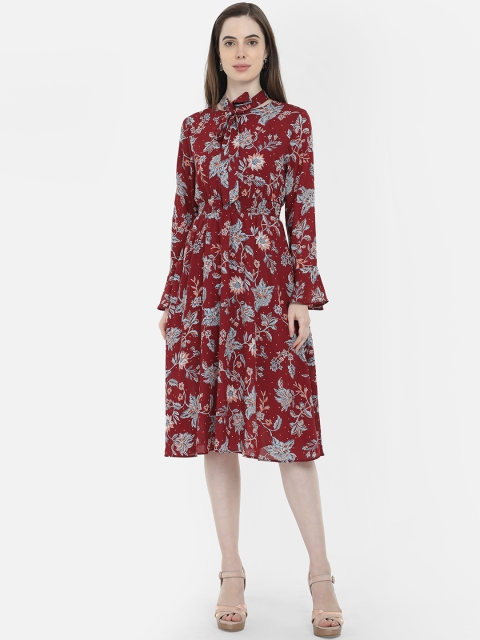 COVER STORY Women Maroon Floral Printed Fit and Flare Dress