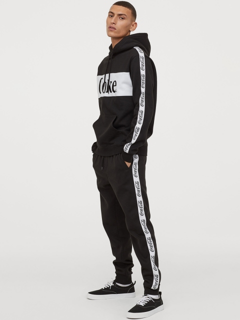H&M Men Black & White Solid Joggers with Side Panels