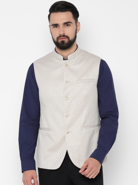 Allen Solly Men Beige Woven Design Nehru Jacket