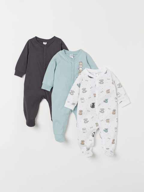 H&M Kids 3-pack Cotton Rompers, Turquoise blue