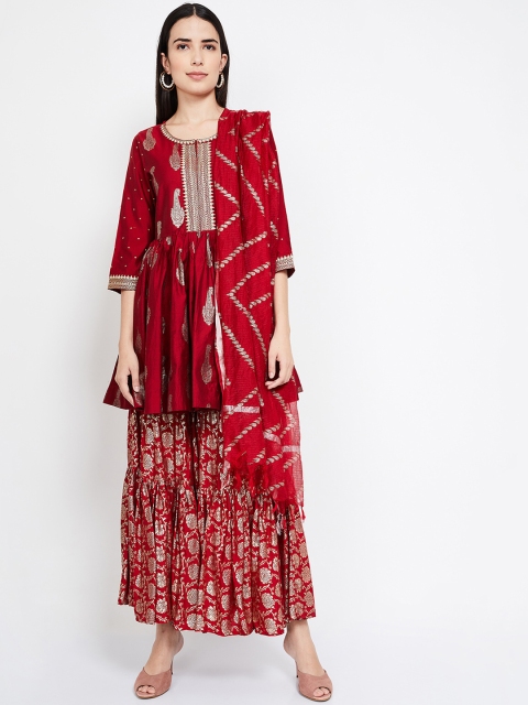 Melange by Lifestyle Women Red Printed Kurta with Sharara & Dupatta