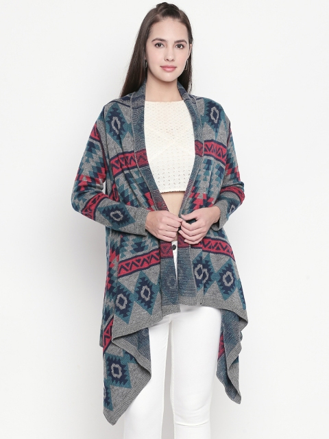 AKKRITI BY PANTALOONS Women Grey & Pink Printed Open Front Shrug