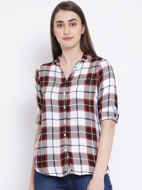 Crimsoune Club Women White & Brown Slim Fit Checked Casual Shirt