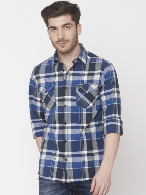 Mufti Men Blue & Grey Slim Fit Checked Casual Shirt