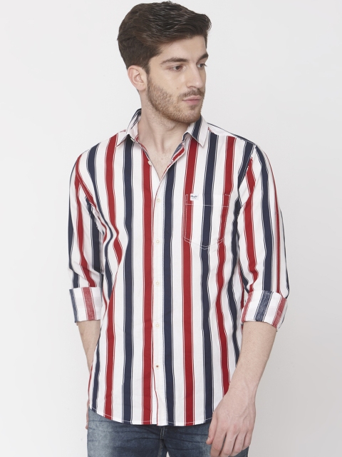 Mufti Men White & Red Slim Fit Striped Casual Shirt