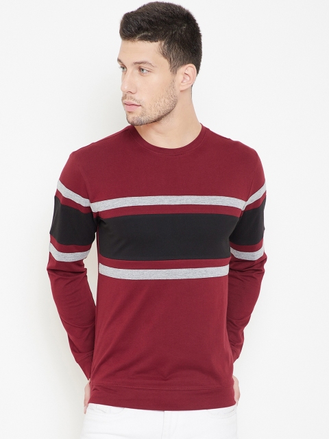 GRITSTONES Men Maroon Striped Round Neck T-shirt