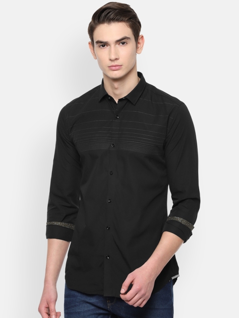 V Dot Men Black Skinny Fit Striped Casual Shirt