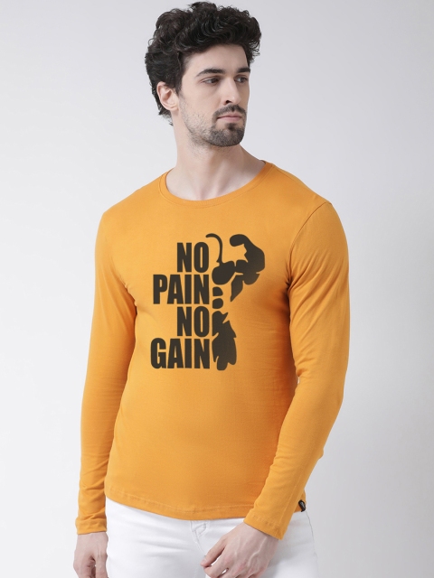 Friskers Men Mustard Printed Round Neck T-shirt