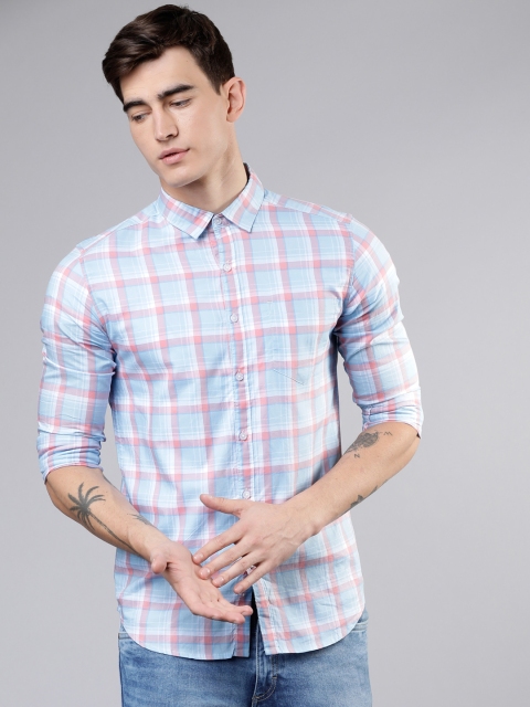 HIGHLANDER Men Blue & Pink Slim Fit Yarn Dyed Checked Casual Shirt