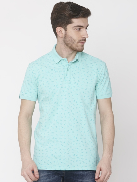 Mufti Men Turquoise Blue Slim Fit Printed Polo Collar Pure Cotton T-shirt