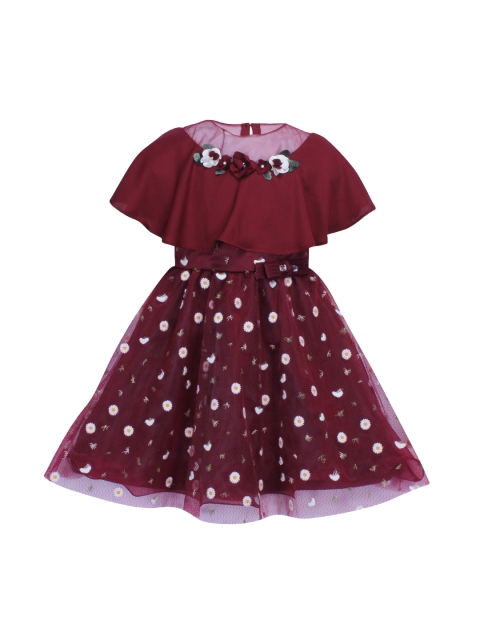 CUTECUMBER Girls Maroon Floral Printed Fit and Flare Dress