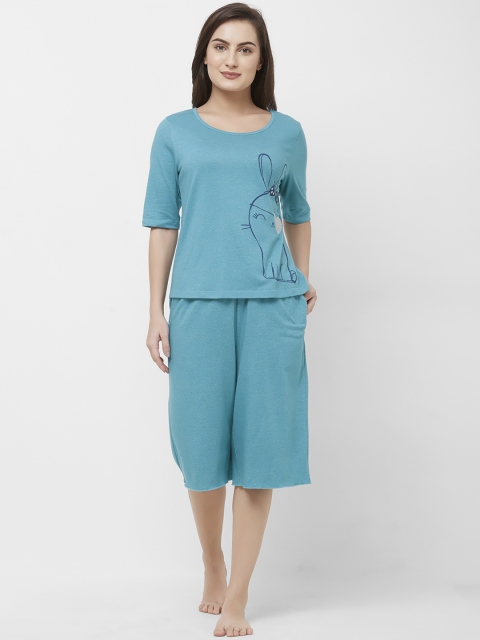 Mystere Paris Women Blue Printed Night Suit