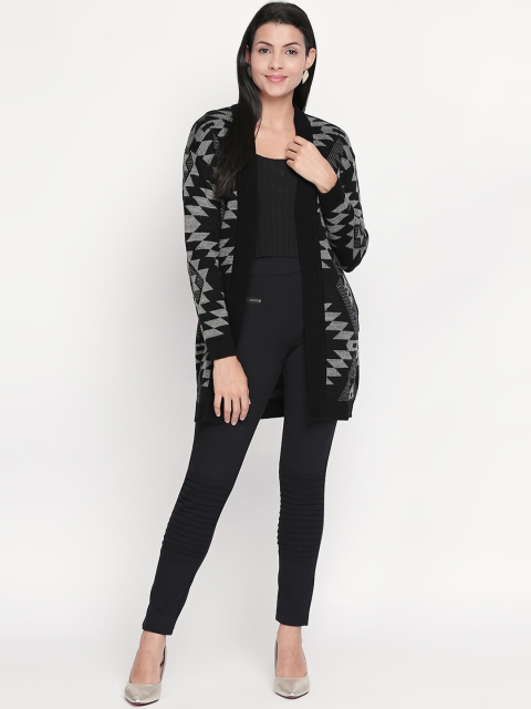 AKKRITI BY PANTALOONS Women Black & Grey Printed Open Front Shrug