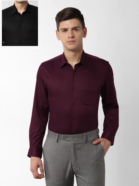 Peter England Men Burgundy & Black Pack Of 2 Slim Fit Solid Formal Shirt