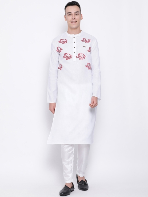 DEVOILER Men White & Pink Hand Painted & Embellished Straight Kurta