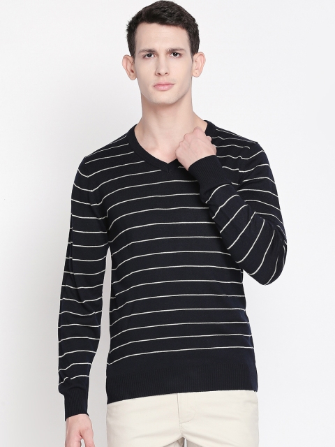 RICHARD PARKER by Pantaloons Men Navy Blue & White Striped Pullover Sweater