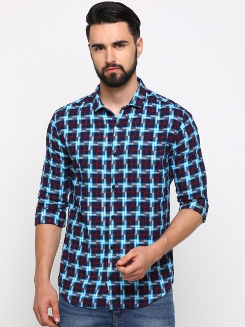 SHOWOFF Men Navy Blue & Red Slim Fit Checked Casual Shirt