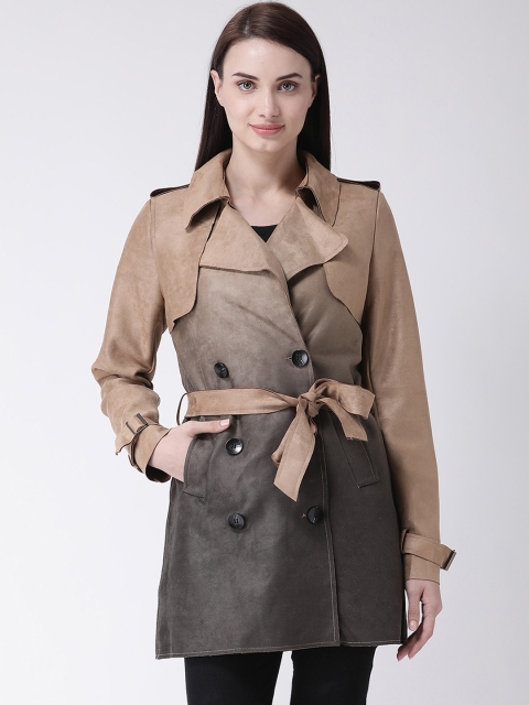 Latin Quarters Women Brown & Grey Colourblocked Trench Coat