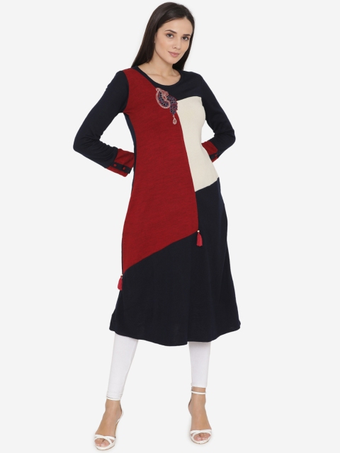 Laabha Women Navy Blue & Maroon Embroidered A-Line Winter Kurta
