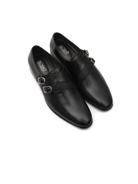 ROSSO BRUNELLO Men Black Solid Leather Formal Monks