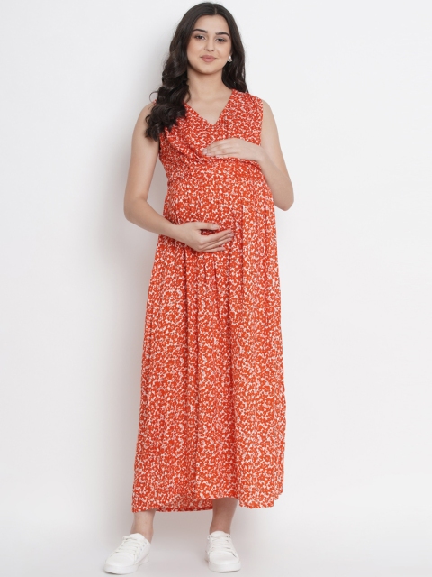 Mine4Nine Women Orange Printed Maternity A-Line Dress