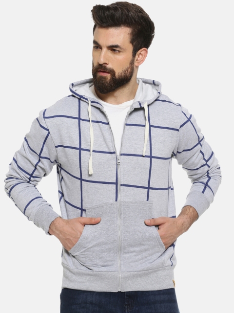 Campus Sutra Men Grey & Blue Checked Hooded Sweatshirt