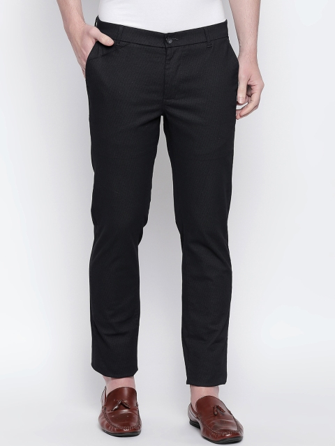 Basics Men Black Tapered Fit Self Design Regular Trousers
