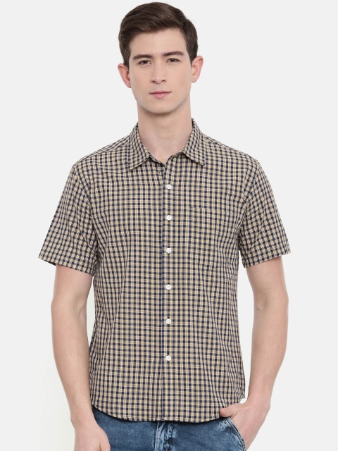 Joven Men Beige & Navy Blue Slim Fit Checked Casual Shirt