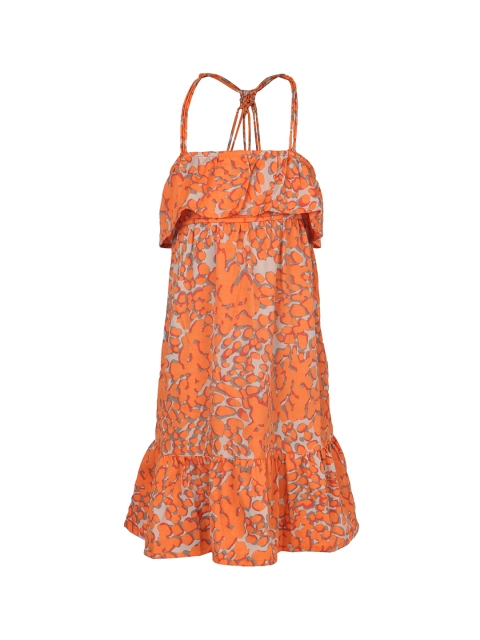 Miyo Girls Orange & Grey Printed A-Line Dress