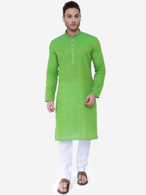 RAJUBHAI HARGOVINDAS Men Green & White Printed Handloom Cotton Kurta with Churidar