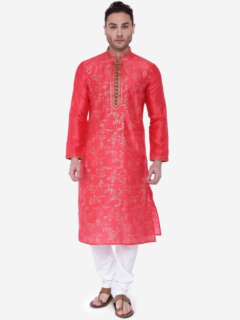 RAJUBHAI HARGOVINDAS Men Pink & Gold Woven Design Kurta with Churidar