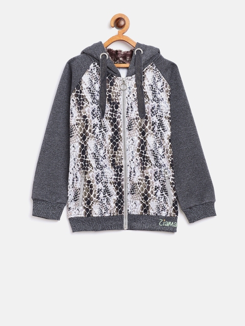 Ziama Girls Grey & White Snake Skin Printed Hooded Sweatshirt