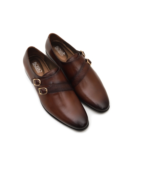 ROSSO BRUNELLO Men Coffee Brown Solid Leather Formal Monks