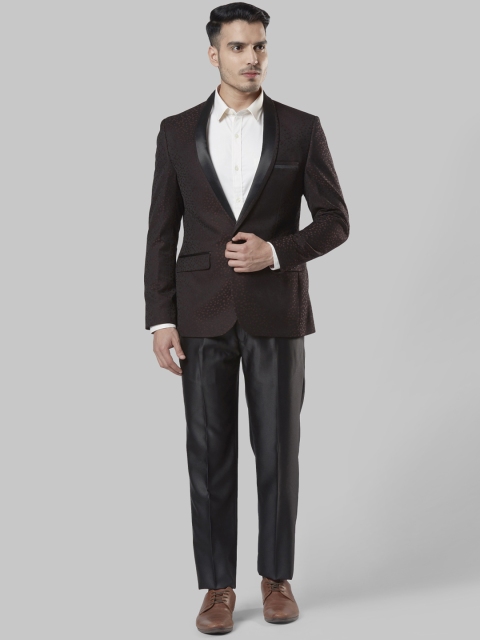 Next Look Men Maroon & Black Self-Designed Single-Breasted 2 Piece Tuxedo Suit