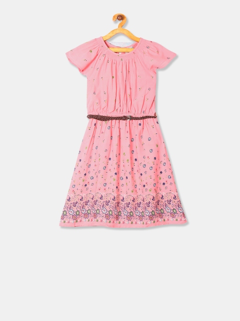 Cherokee Girls Pink & Navy Blue Printed Fit and Flare Dress