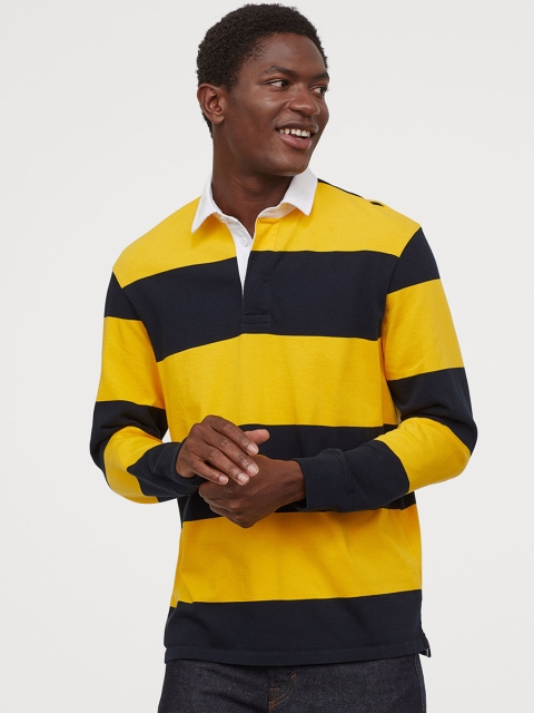 H&M Men Yellow & Black Striped Cotton Rugby Sweatshirt