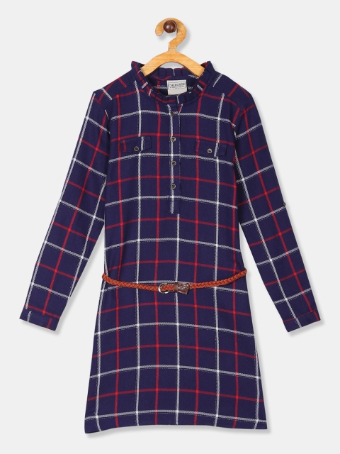 Cherokee Girls Navy Blue & Red Checked Shirt Dress