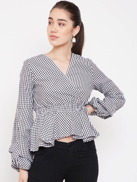PURYS Women White Checked Cinched Waist Top
