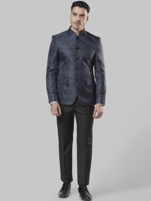 Next Look Men Navy Blue & Black Self-Designed Super Slim-Fit Bandhgala Suit