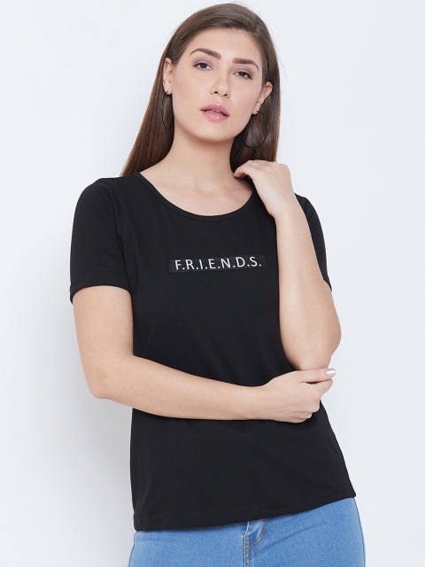 CHROME & CORAL Women Black Printed Round Neck T-shirt