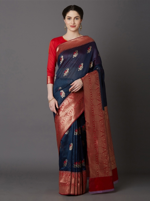 Mitera Navy Blue Silk Blend Woven Design Kanjeevaram Saree