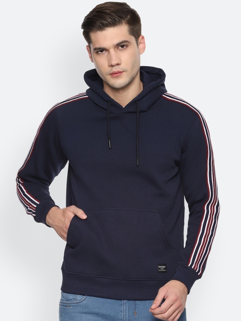 People Men Navy Blue Solid Hooded Sweatshirt