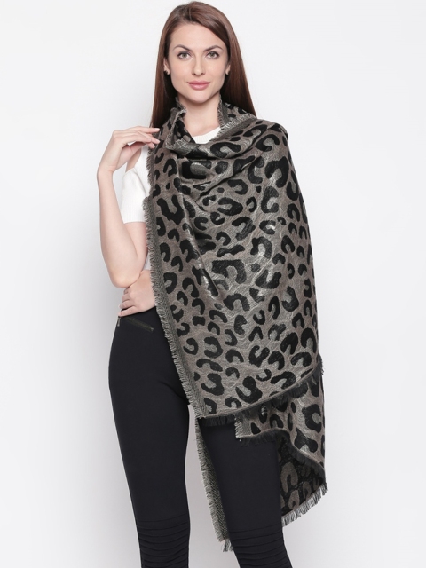 Style Quotient Women Black & Silver-Toned Animal Printed Shawl